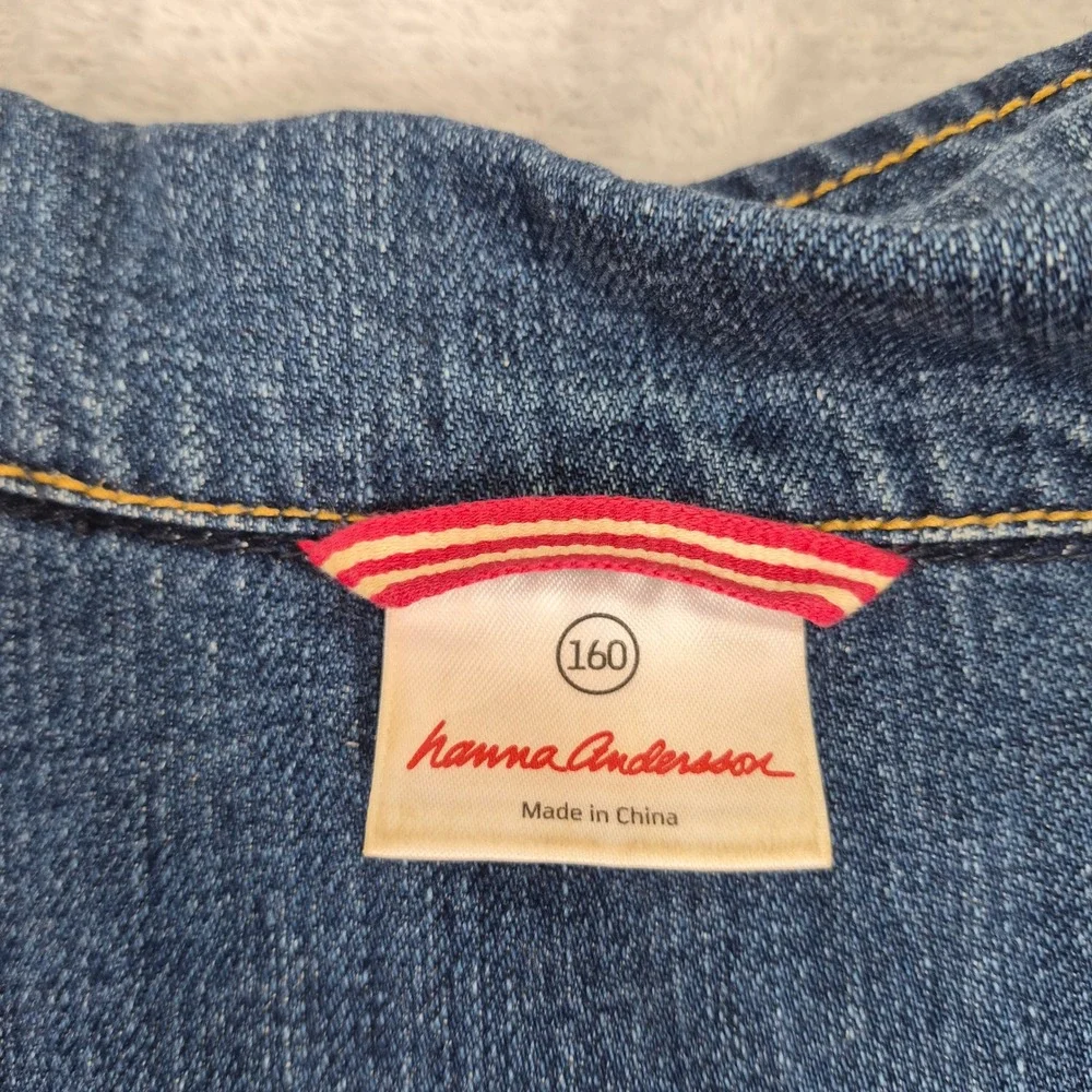 Hanna Andersson Girls Denim Jacket Blue Pink Gingham 160 XL 14 / 16 Youth Kids